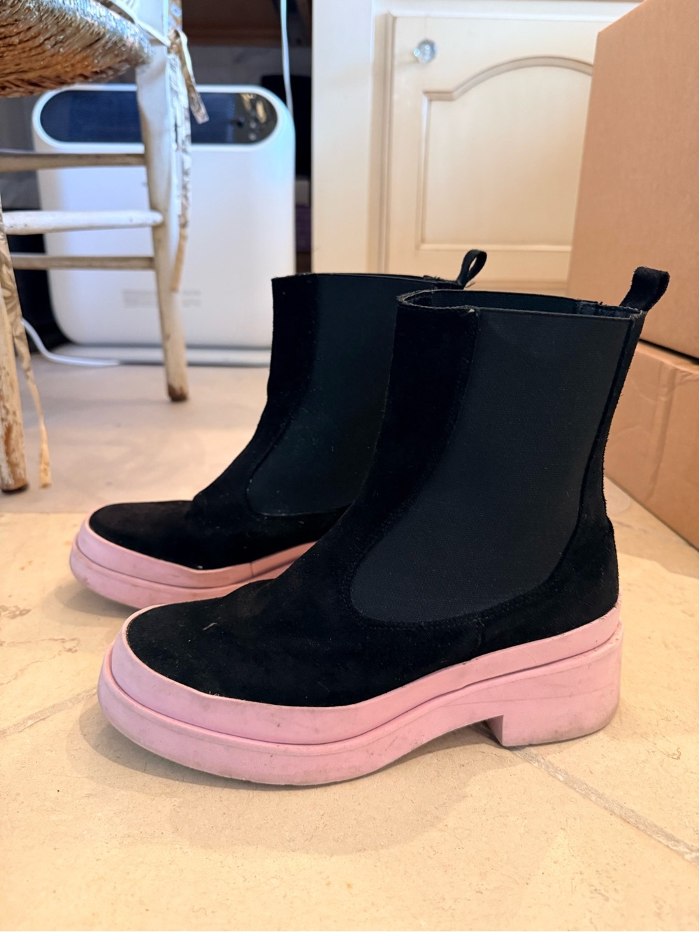 Black Suede Chelsea Boots with Pink Platform Sole - Women's